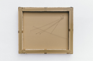 <b>Untitled</b>, duct tape, parcel tape, ink on cardboard, synthetic strings, pins, 116 × 100 × 8 cm, 2014